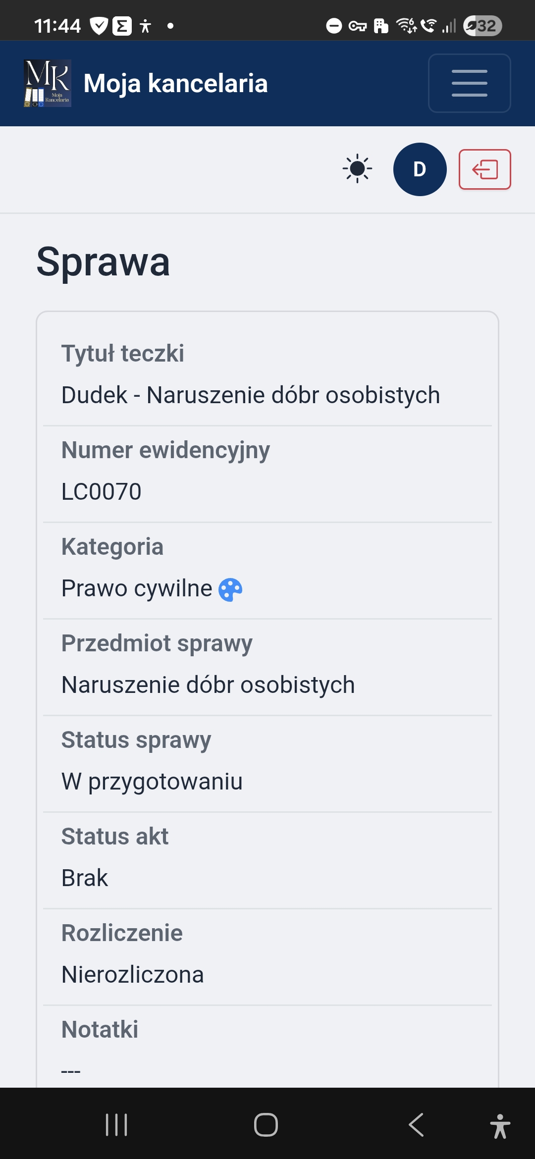 Sprawa — widok mobilny